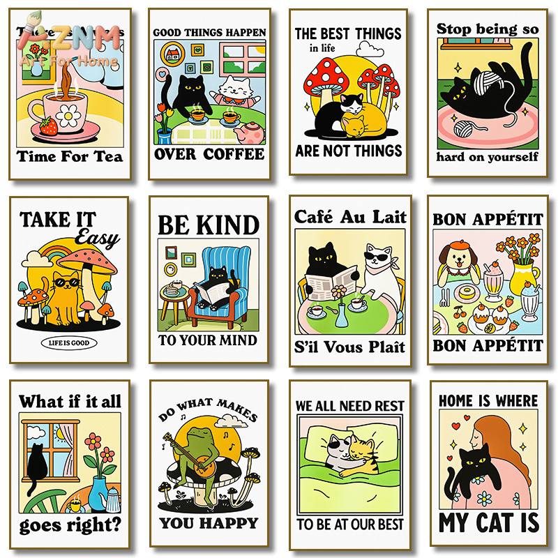 Coffee Tea Quotes - AZNM Sevimli Retro Karikatür Siyah Kedi