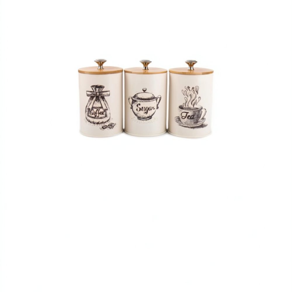 Canister Coffee Sugar Tea - Modern, Minimalist Tasarımlı, Bambu Kapaklı, Metal
